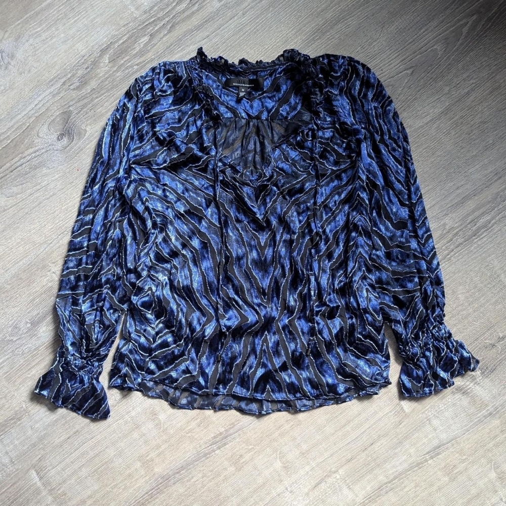White House Black Market Blue and Black Sheer Ruffle Top Size M